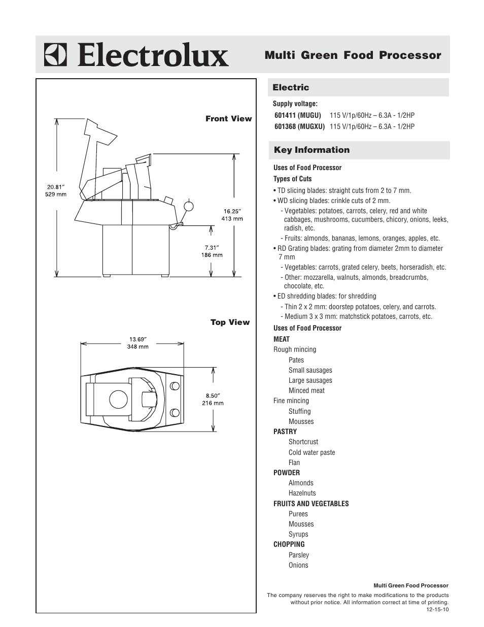 Multi green food processor | Electrolux Dito MUGXU User Manual | Page 2 / 2