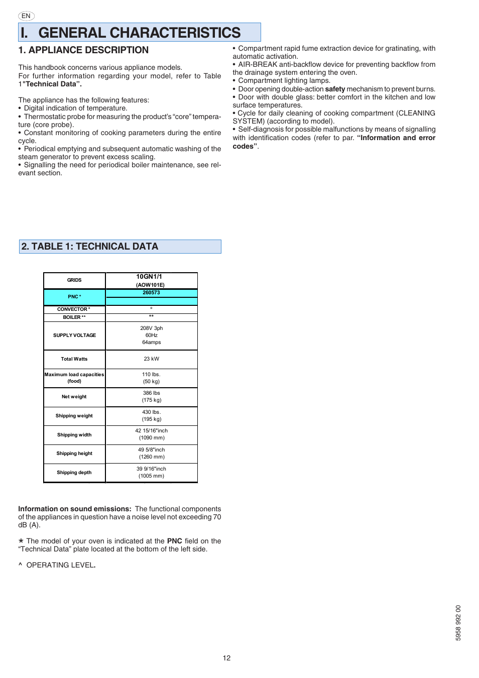 I. general characteristics, Appliance description, Table 1: technical data | Electrolux Air-O-Speed AOW101E User Manual | Page 12 / 34