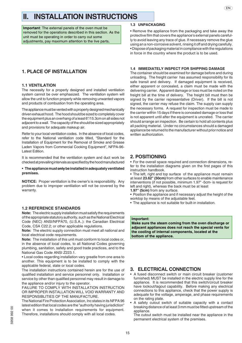 Ii. installation instructions, Positioning, Electrical connection | Place of installation | Electrolux Air-O-Speed AOW101E User Manual | Page 15 / 34