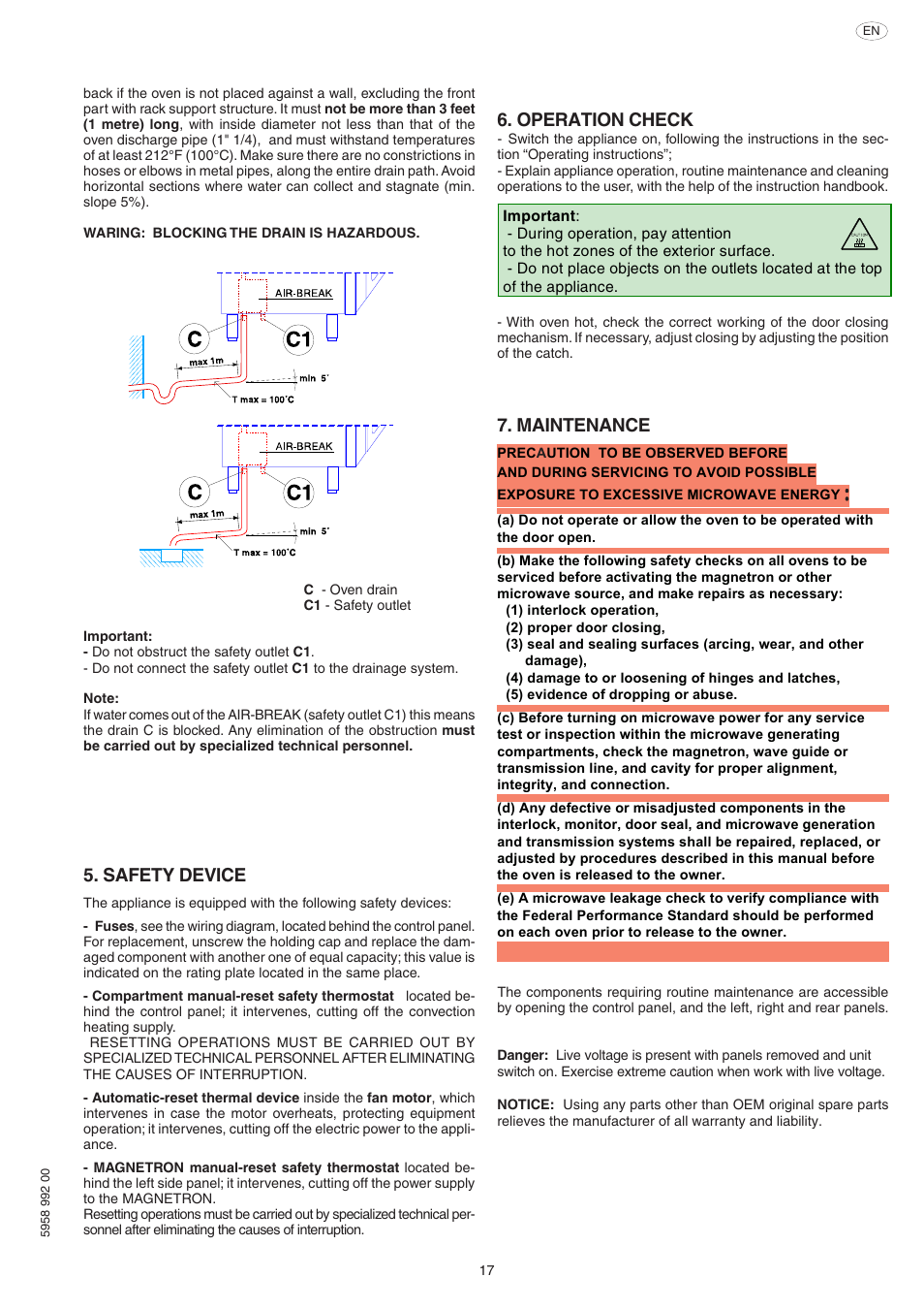 Safety device, Operation check, Maintenance | Electrolux Air-O-Speed AOW101E User Manual | Page 17 / 34