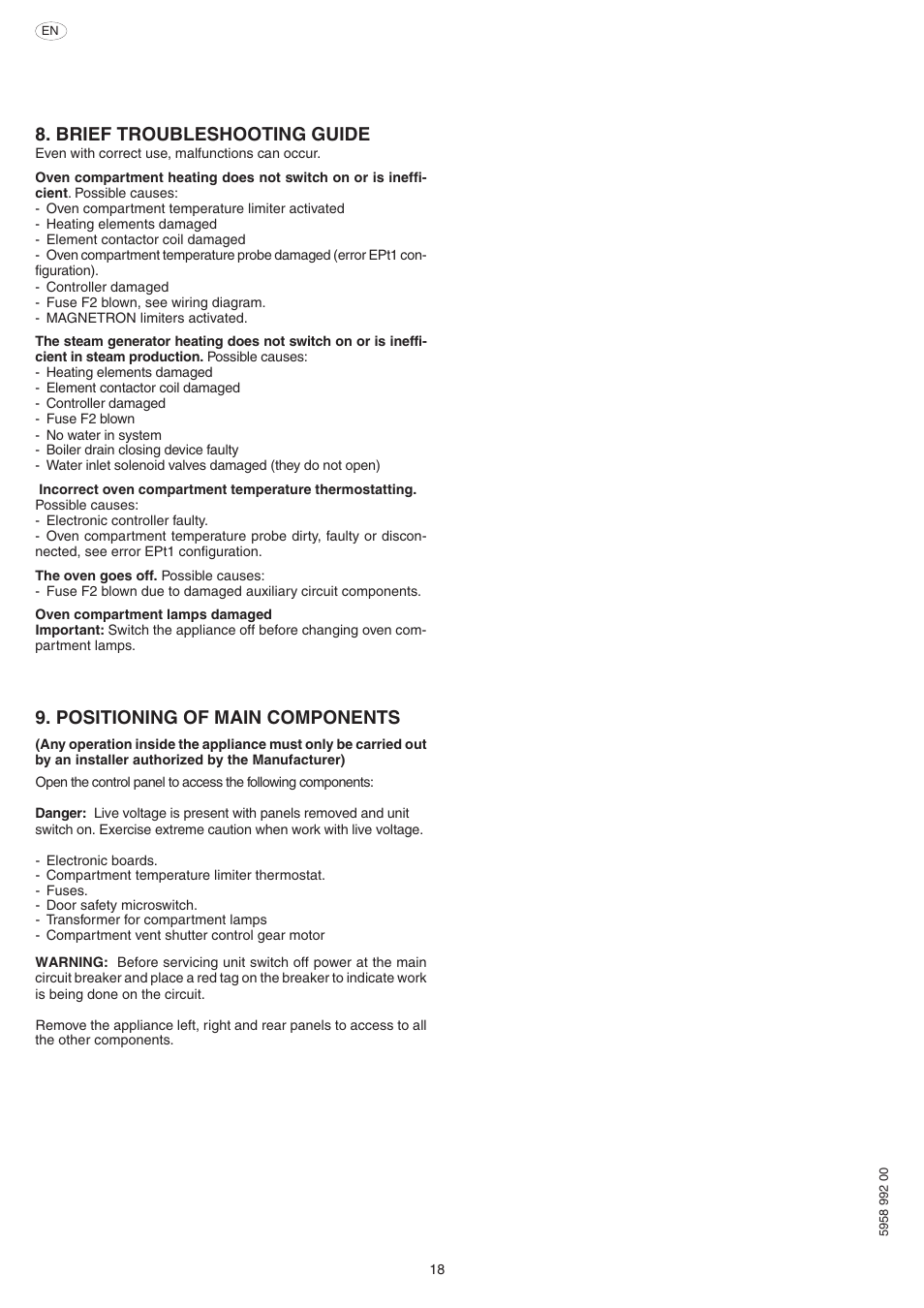 Brief troubleshooting guide, Positioning of main components | Electrolux Air-O-Speed AOW101E User Manual | Page 18 / 34