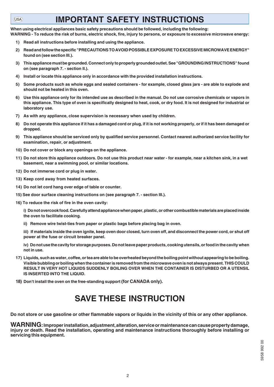 Important safety instructions, Save these instruction, Warning | Electrolux Air-O-Speed AOW101E User Manual | Page 2 / 34
