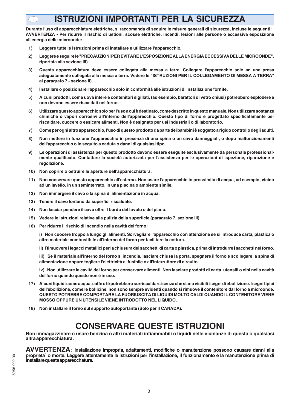 Istruzioni importanti per la sicurezza, Conservare queste istruzioni, Avvertenza | Electrolux Air-O-Speed AOW101E User Manual | Page 3 / 34