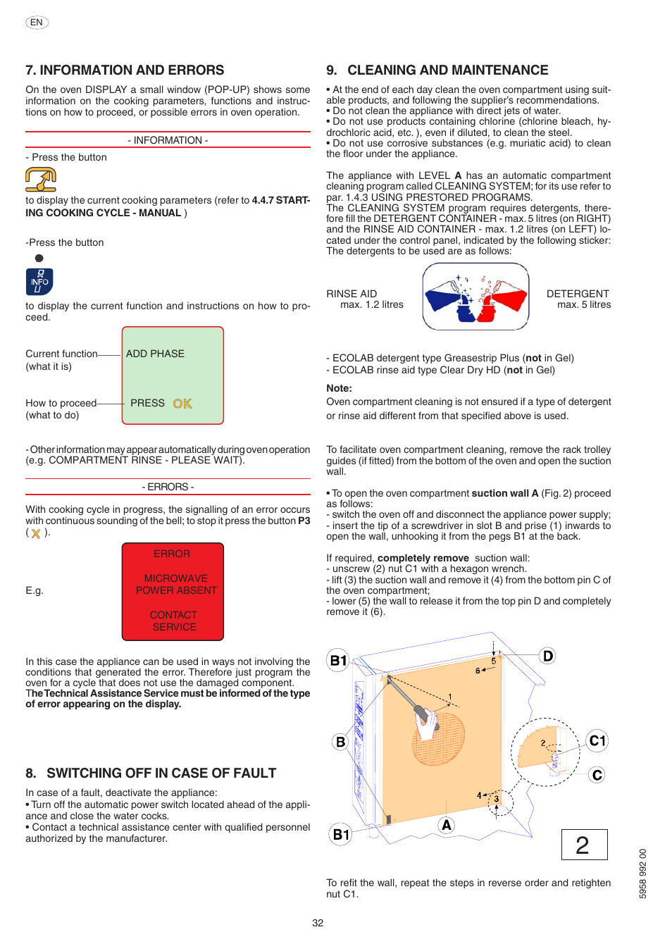 Information and errors, Switching off in case of fault, Cleaning and maintenance | Electrolux Air-O-Speed AOW101E User Manual | Page 32 / 34