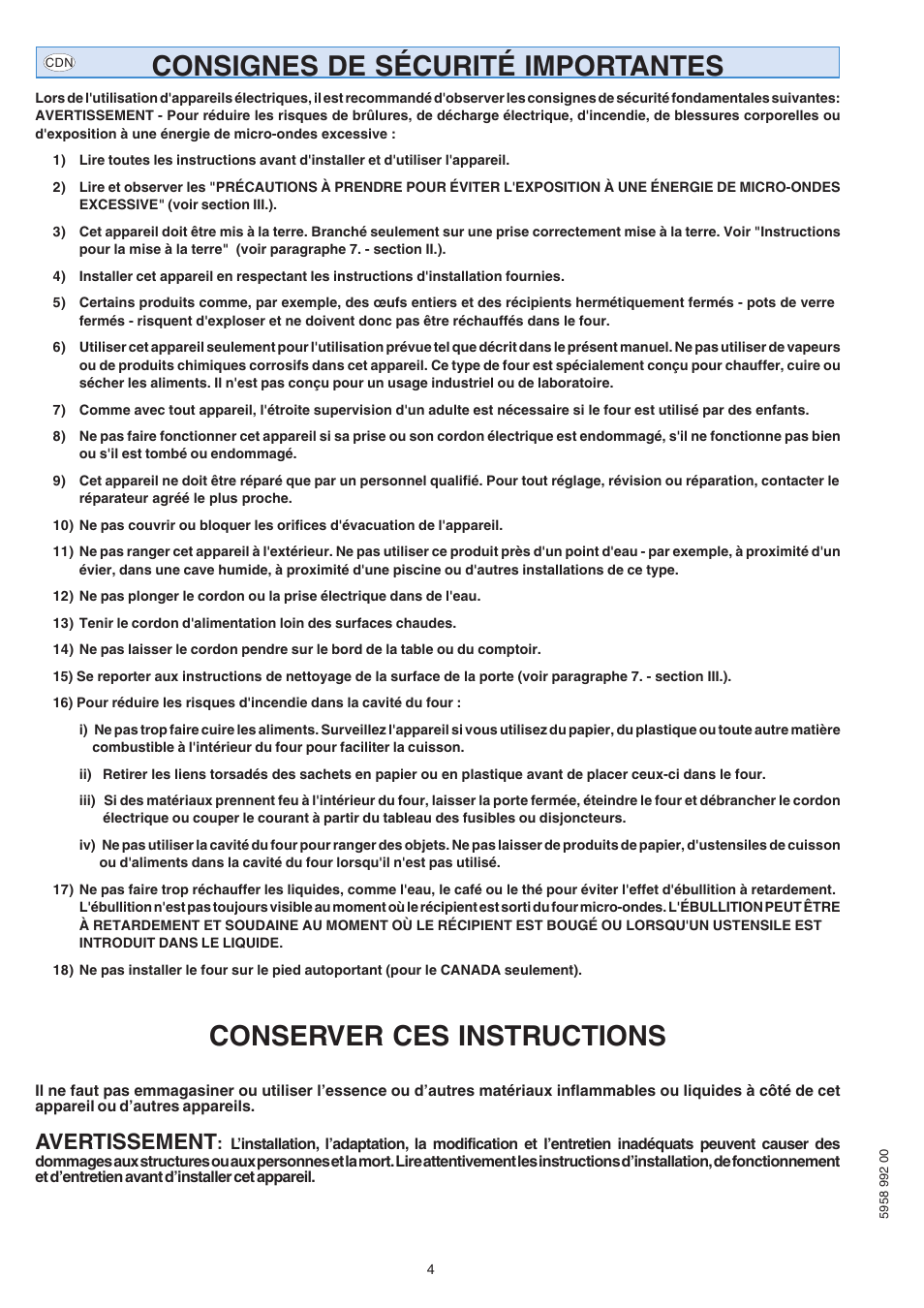 Consignes de sécurité importantes, Conserver ces instructions, Avertissement | Electrolux Air-O-Speed AOW101E User Manual | Page 4 / 34