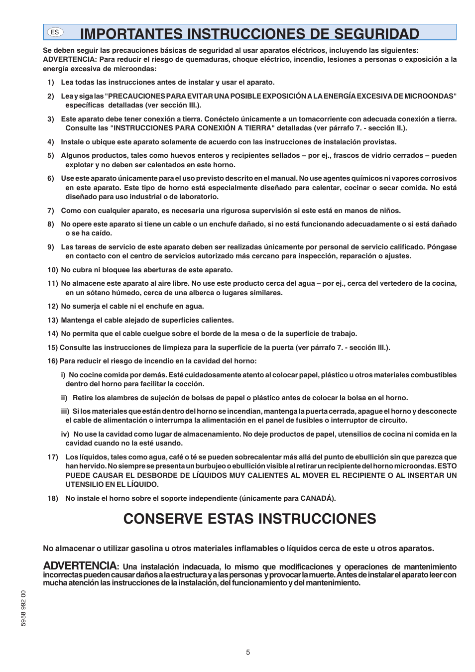 Importantes instrucciones de seguridad, Conserve estas instrucciones, Advertencia | Electrolux Air-O-Speed AOW101E User Manual | Page 5 / 34