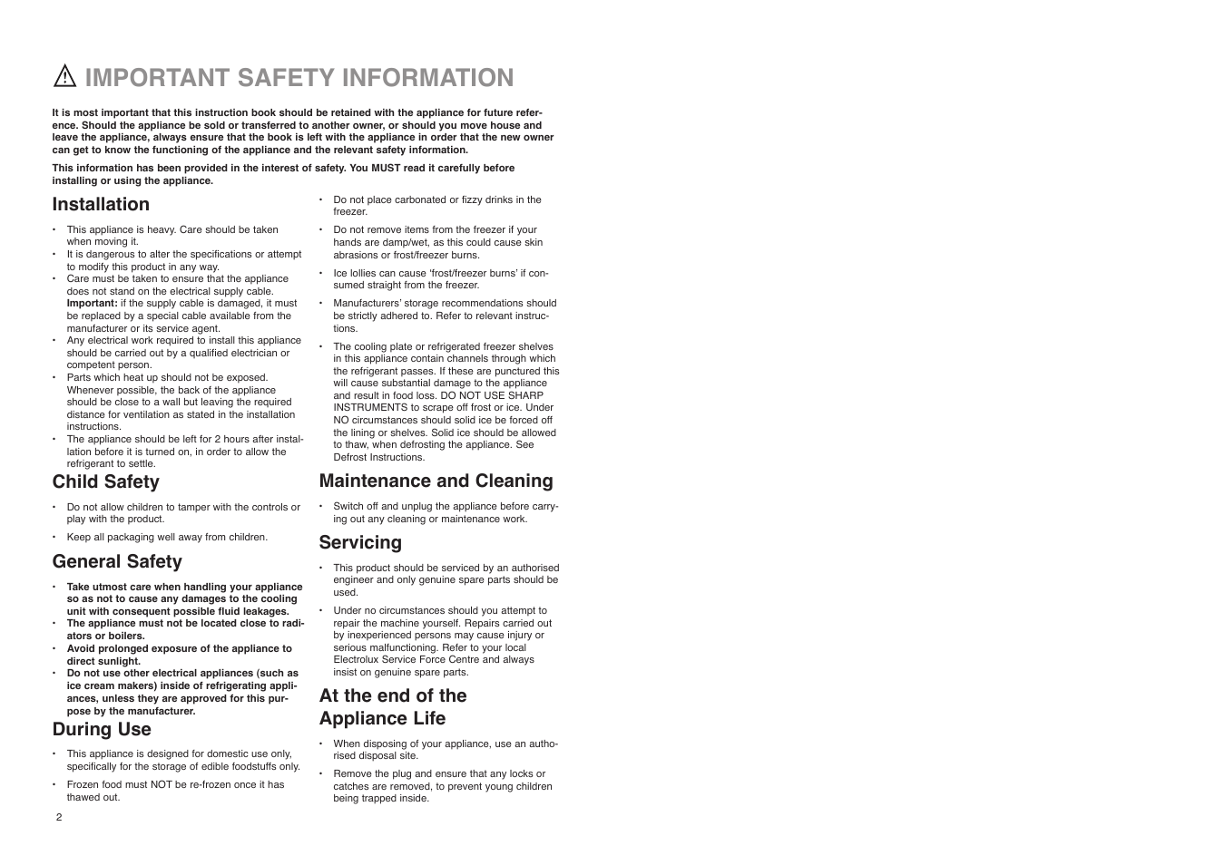 Important safety information, Installation, Child safety | General safety, During use, Maintenance and cleaning, Servicing, At the end of the appliance life | Electrolux ER 7628 B User Manual | Page 2 / 24