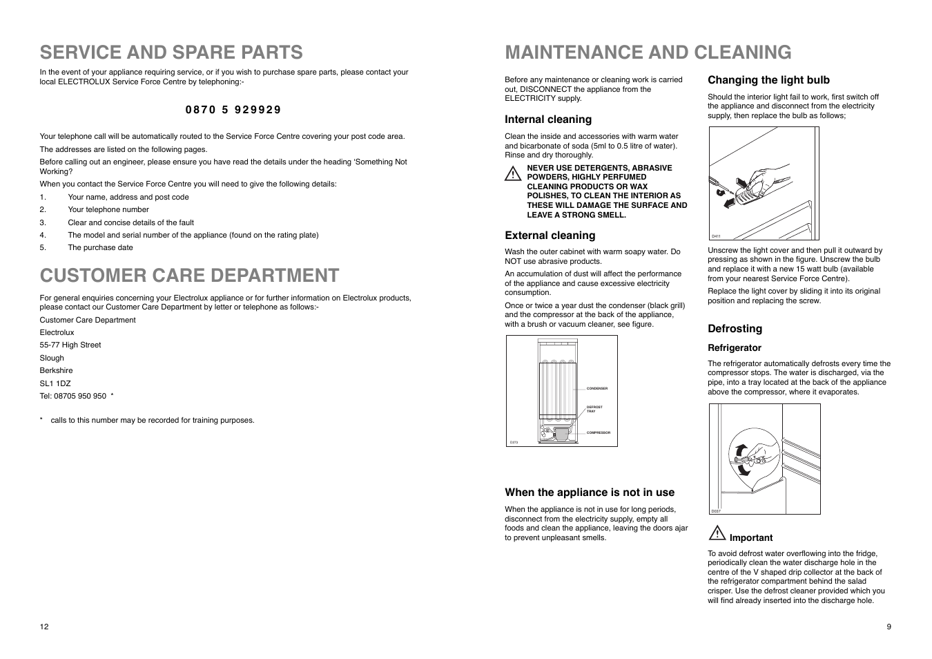 Maintenance and cleaning, Service and spare parts customer care department | Electrolux ER 6821 D User Manual | Page 12 / 20