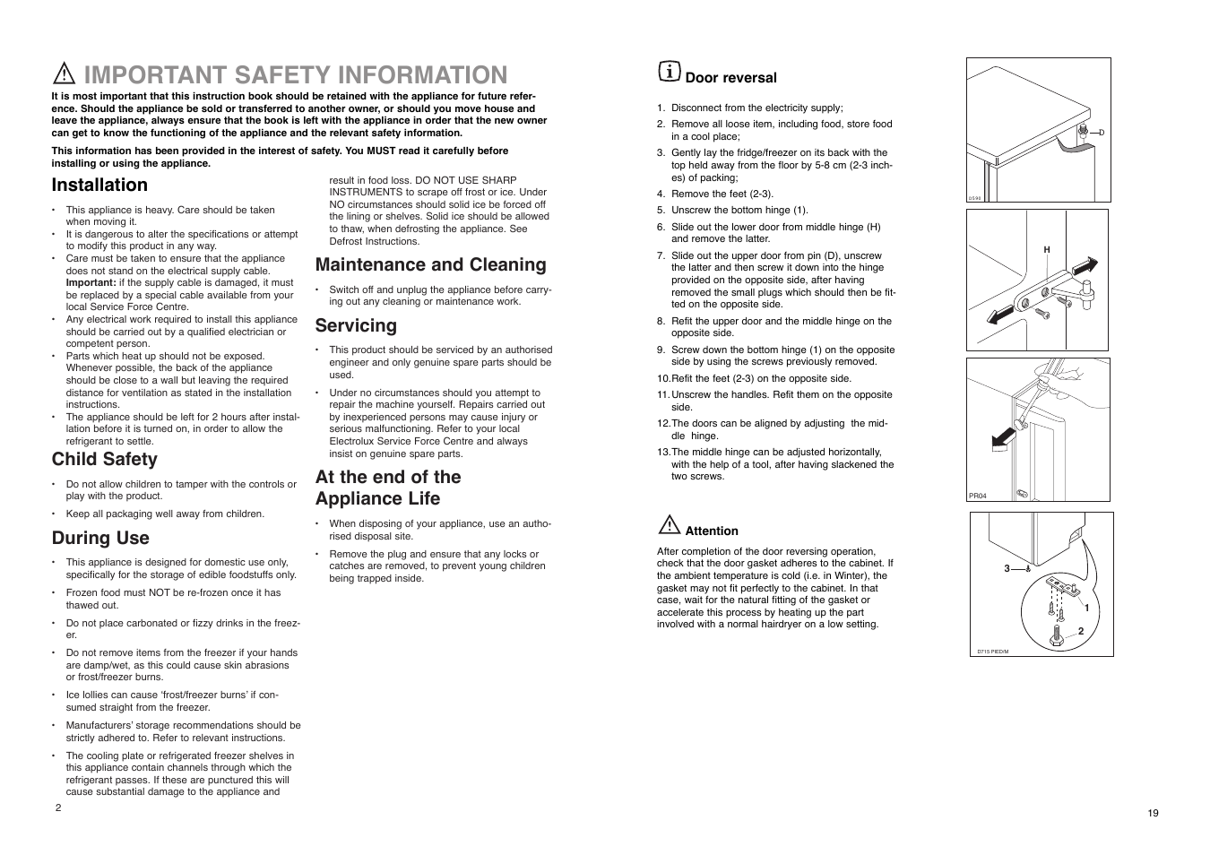 Important safety information, Installation, Child safety | During use, Maintenance and cleaning, Servicing, At the end of the appliance life | Electrolux ER 6821 D User Manual | Page 2 / 20