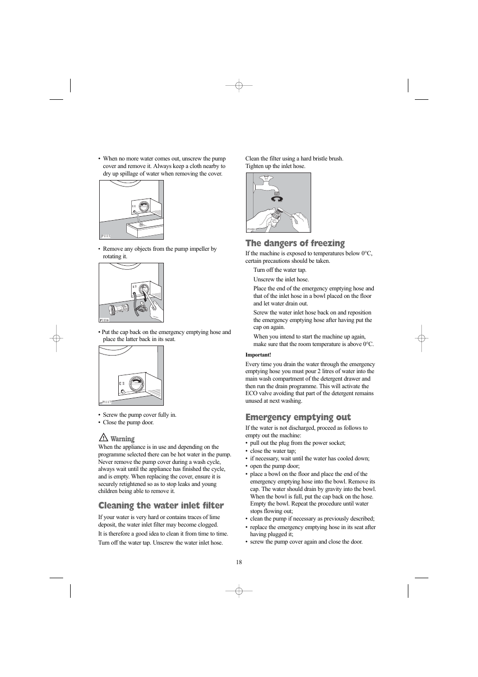 Cleaning the water inlet filter, The dangers of freezing, Emergency emptying out | Electrolux AW 1460 W User Manual | Page 18 / 27