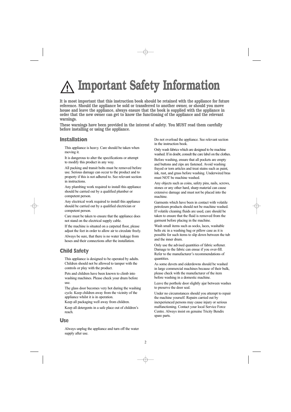 Important safety information, Installation, Child safety | Electrolux AW 1460 W User Manual | Page 2 / 27