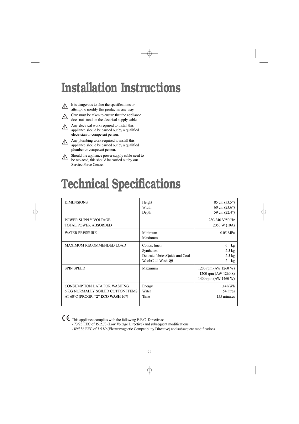 Installation instructions technical specifications | Electrolux AW 1460 W User Manual | Page 22 / 27