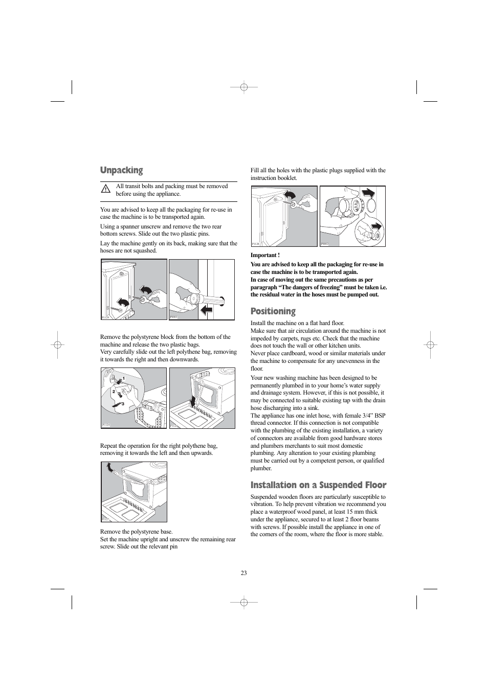 Unpacking, Positioning, Installation on a suspended floor | Electrolux AW 1460 W User Manual | Page 23 / 27