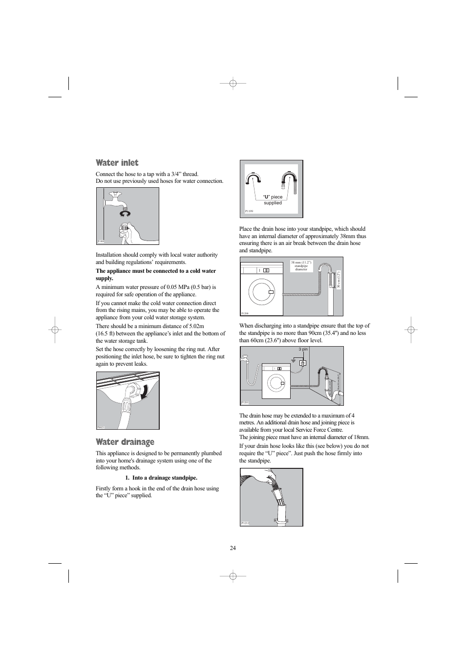 Water inlet, Water drainage | Electrolux AW 1460 W User Manual | Page 24 / 27