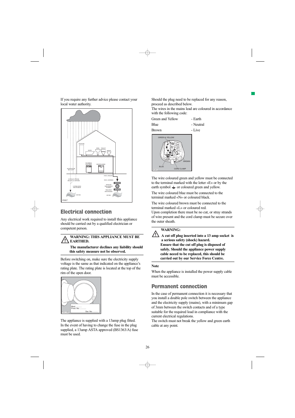 Electrical connection, Permanent connection, Mod . .......... pro d. no . ........... ser . n o | Electrolux AW 1460 W User Manual | Page 26 / 27