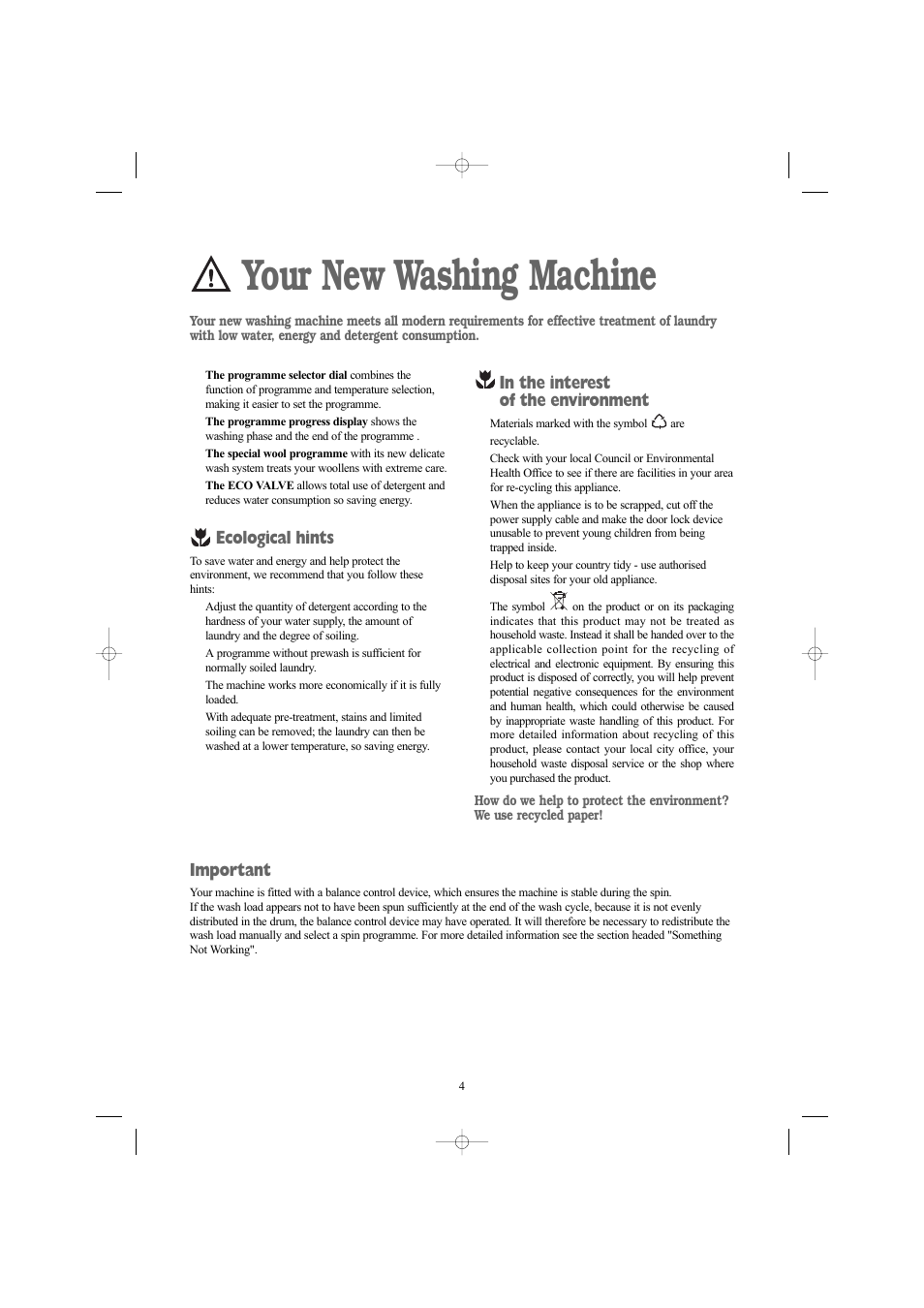 Your new washing machine, Ecological hints, Important | Electrolux AW 1460 W User Manual | Page 4 / 27