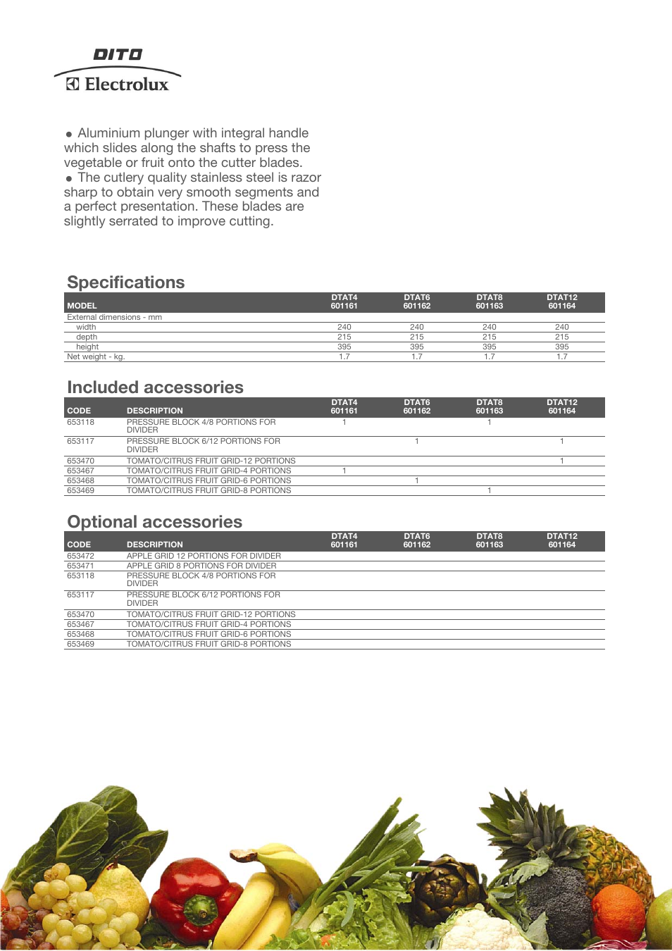 Specifications, Included accessories, Optional accessories | Electrolux Dito DTAT4 User Manual | Page 2 / 4