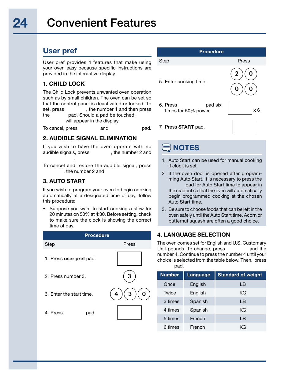 Convenient features, User pref | Electrolux TINSEB488MRR0 User Manual | Page 24 / 30