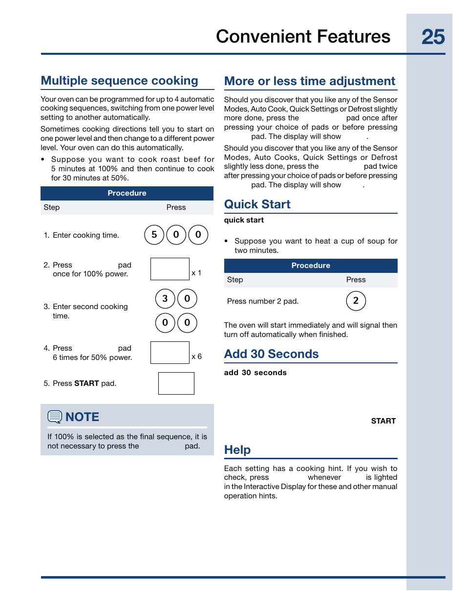 Convenient features, More or less time adjustment, Quick start | Add 30 seconds, Help, Multiple sequence cooking | Electrolux TINSEB488MRR0 User Manual | Page 25 / 30