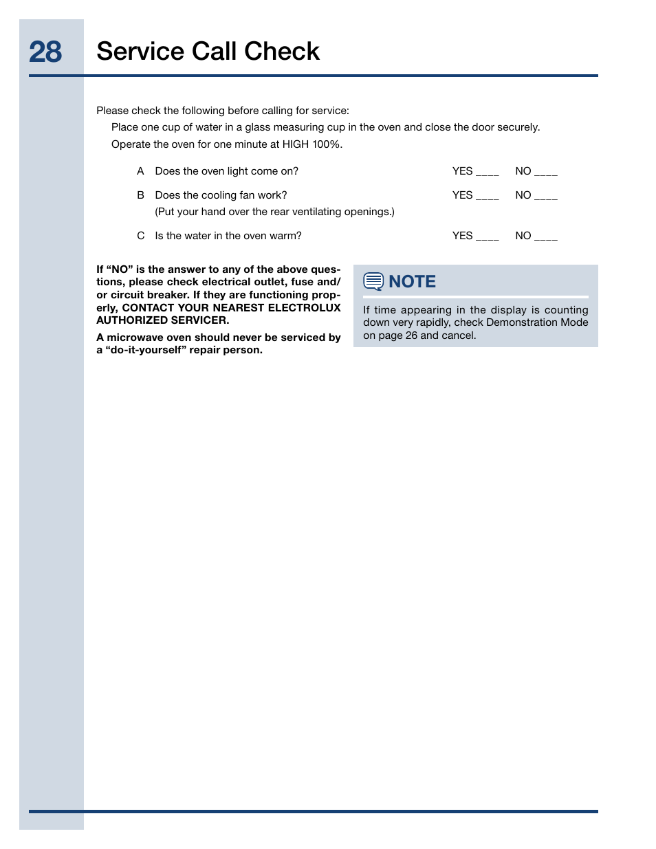 Service call check | Electrolux TINSEB488MRR0 User Manual | Page 28 / 30