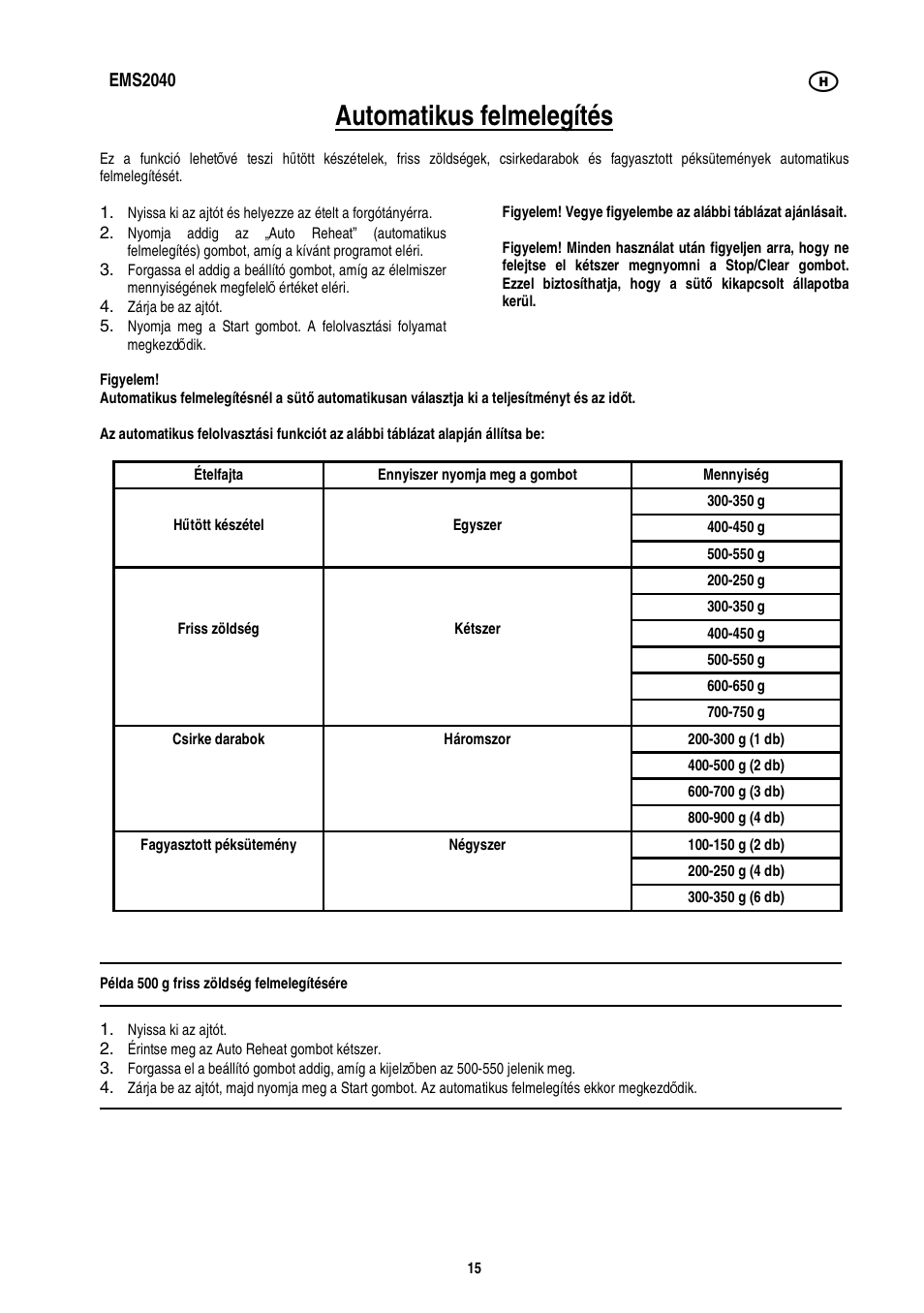 Automatikus felmelegítés | Electrolux EMS2040 User Manual | Page 101 / 191