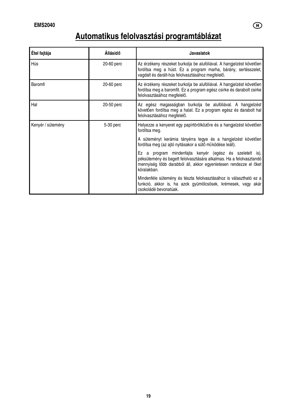 Automatikus felolvasztási programtáblázat | Electrolux EMS2040 User Manual | Page 105 / 191