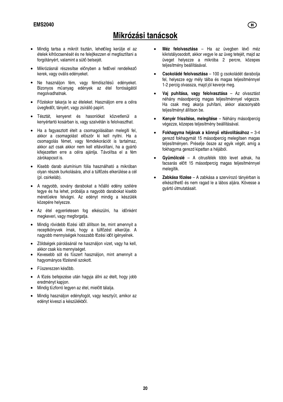 Mikrózási tanácsok | Electrolux EMS2040 User Manual | Page 106 / 191