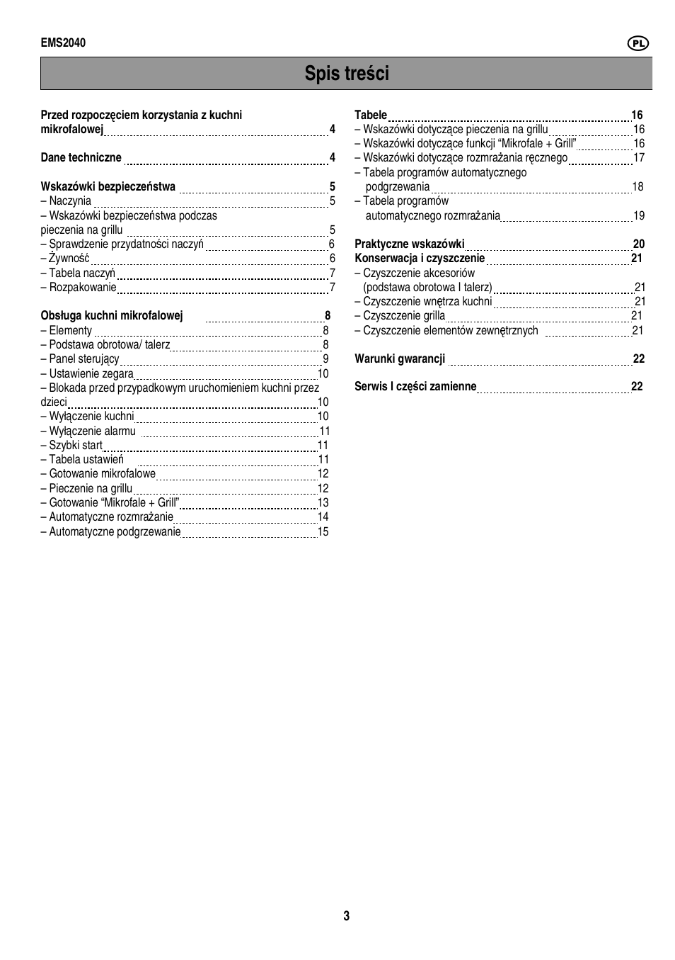Spis tre ś ci | Electrolux EMS2040 User Manual | Page 109 / 191