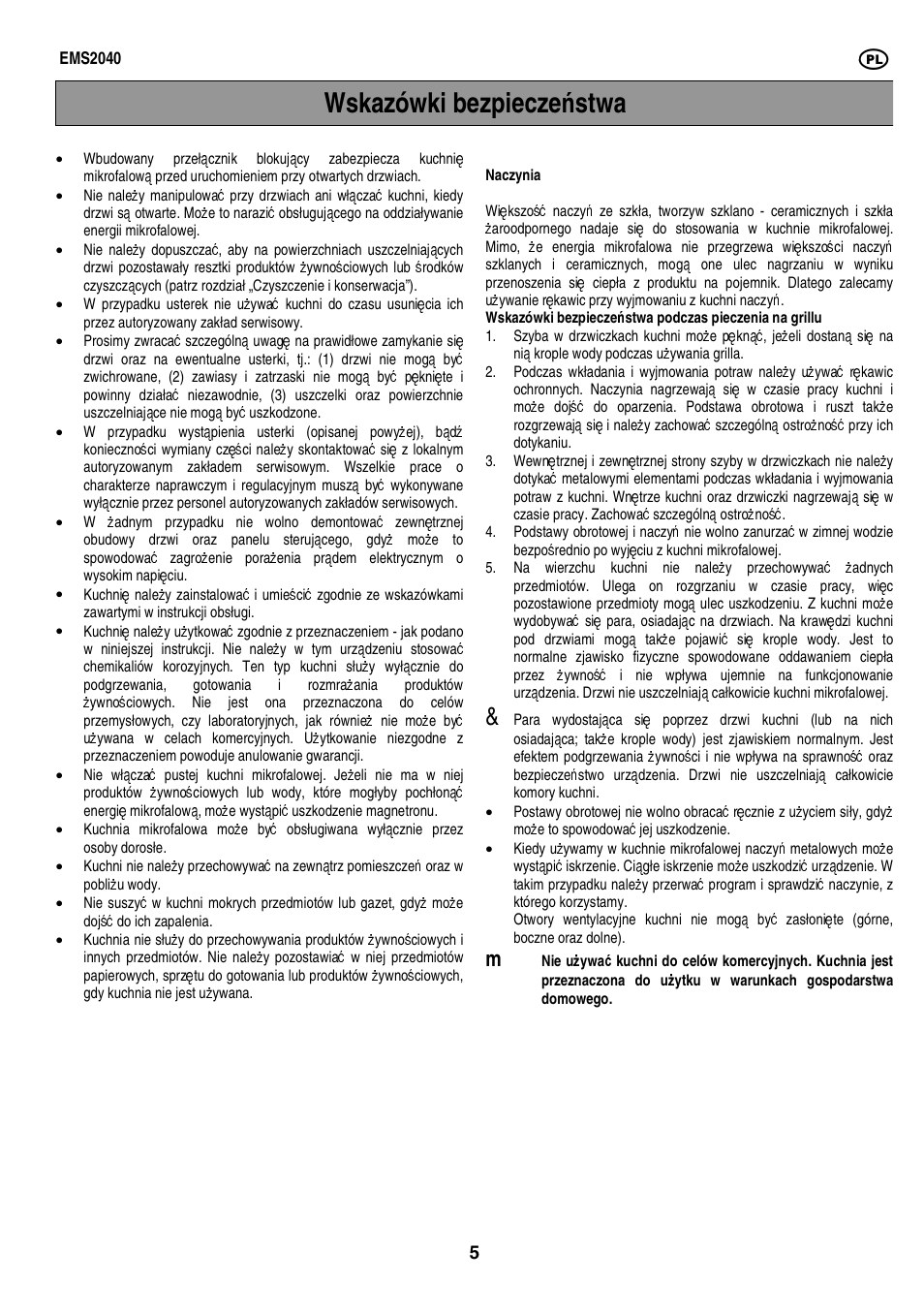 Wskazówki bezpiecze ń stwa | Electrolux EMS2040 User Manual | Page 111 / 191