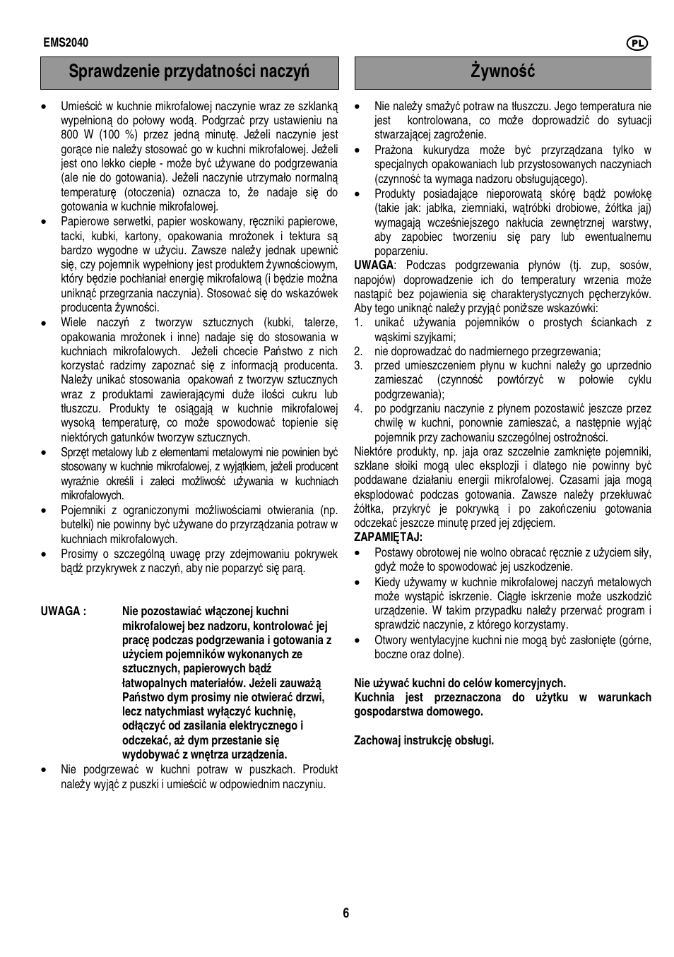 Sprawdzenie przydatno ś ci naczy ń ż ywno ść | Electrolux EMS2040 User Manual | Page 112 / 191