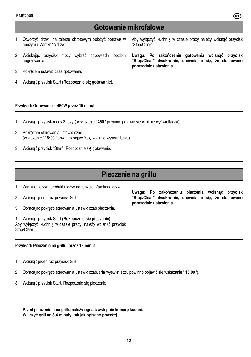 Gotowanie mikrofalowe pieczenie na grillu | Electrolux EMS2040 User Manual | Page 118 / 191