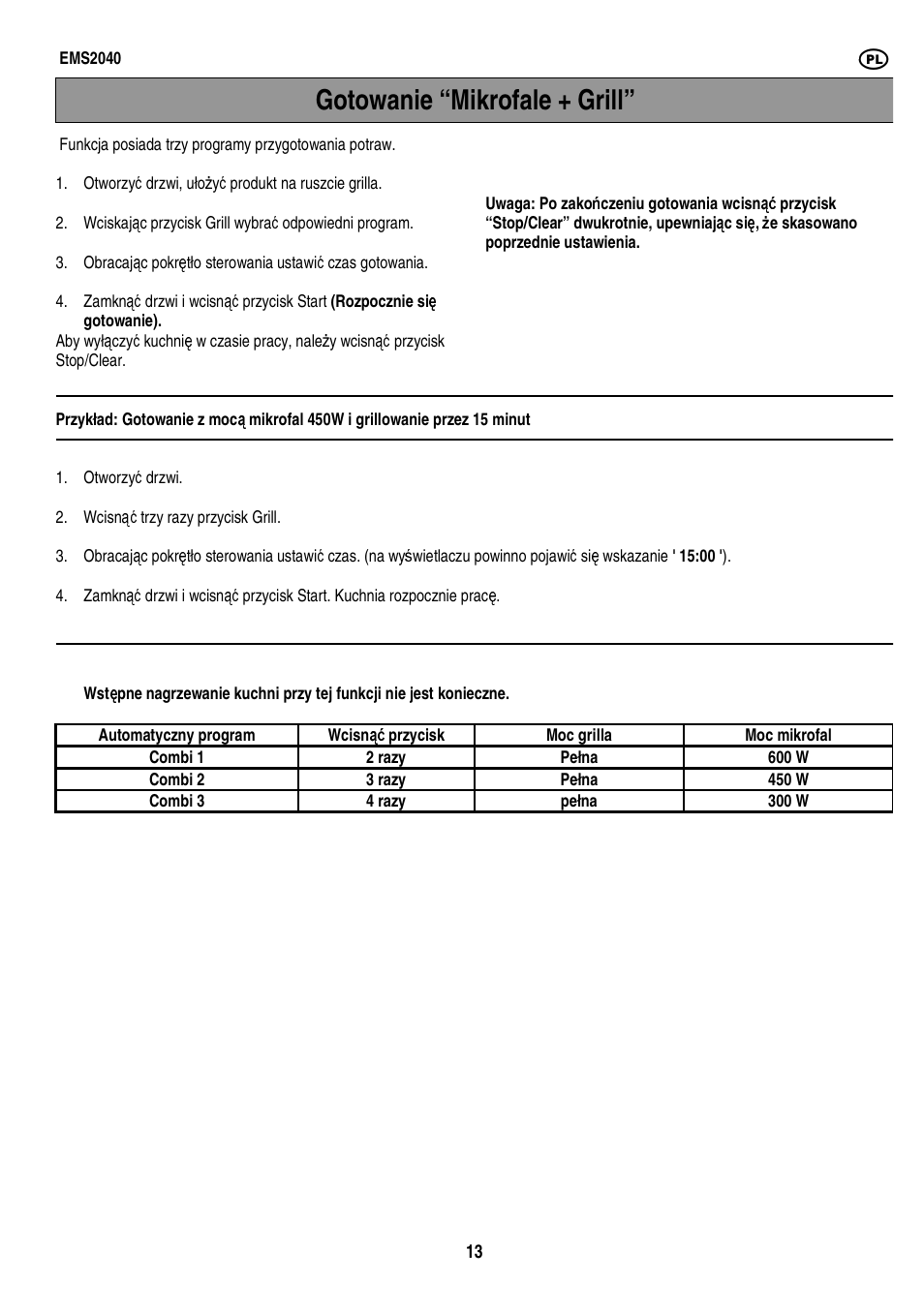 Gotowanie “mikrofale + grill | Electrolux EMS2040 User Manual | Page 119 / 191