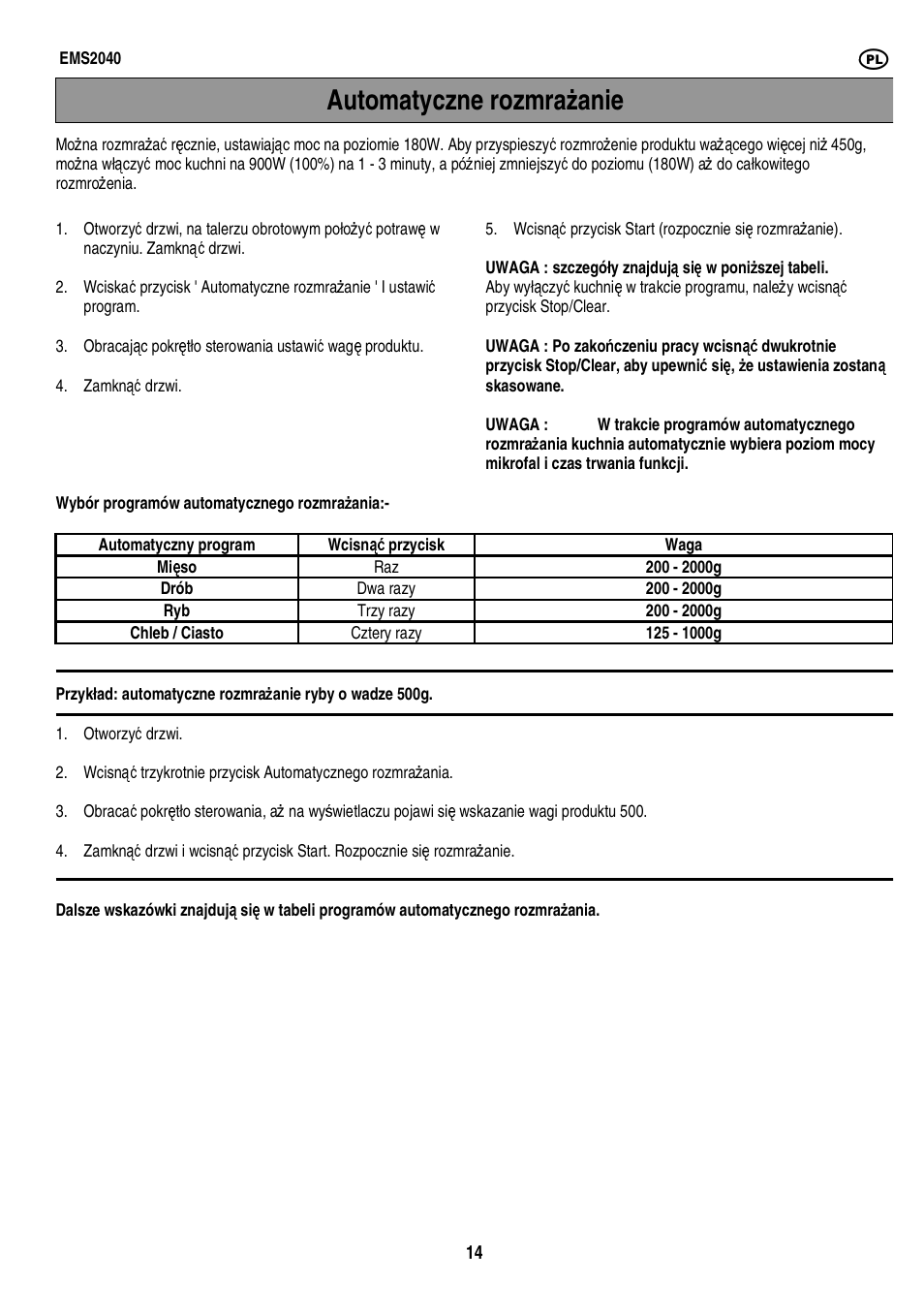 Automatyczne rozmra ż anie | Electrolux EMS2040 User Manual | Page 120 / 191