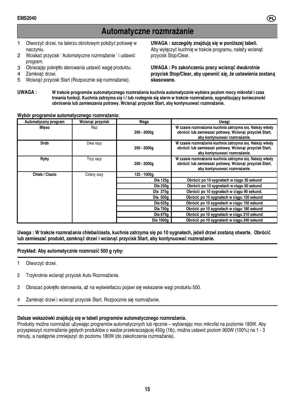 Automatyczne rozmra ż anie | Electrolux EMS2040 User Manual | Page 121 / 191