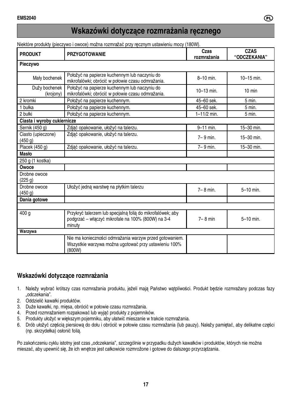 Wskazówki dotycz ą ce rozmra ż ania r ę cznego, Wskazówki dotycz ą ce rozmra ż ania | Electrolux EMS2040 User Manual | Page 123 / 191