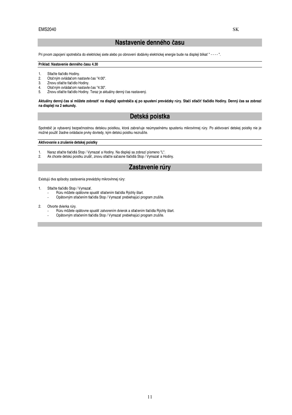 Nastavenie denného č asu, Detská poistka, Zastavenie rúry | Electrolux EMS2040 User Manual | Page 137 / 191