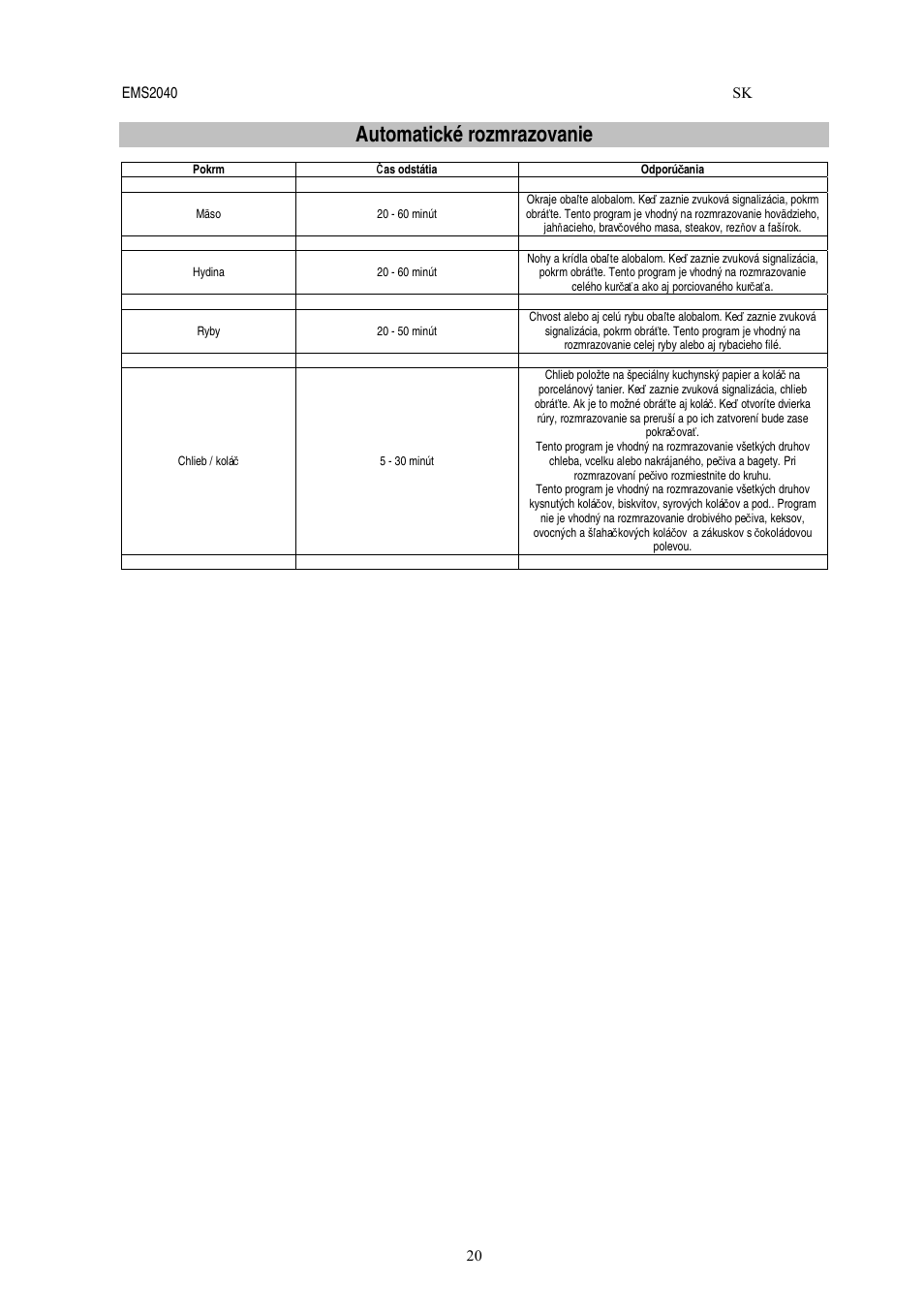 Automatické rozmrazovanie | Electrolux EMS2040 User Manual | Page 146 / 191