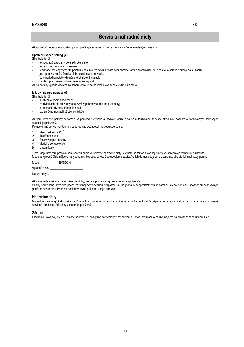 Servis a náhradné diely | Electrolux EMS2040 User Manual | Page 149 / 191