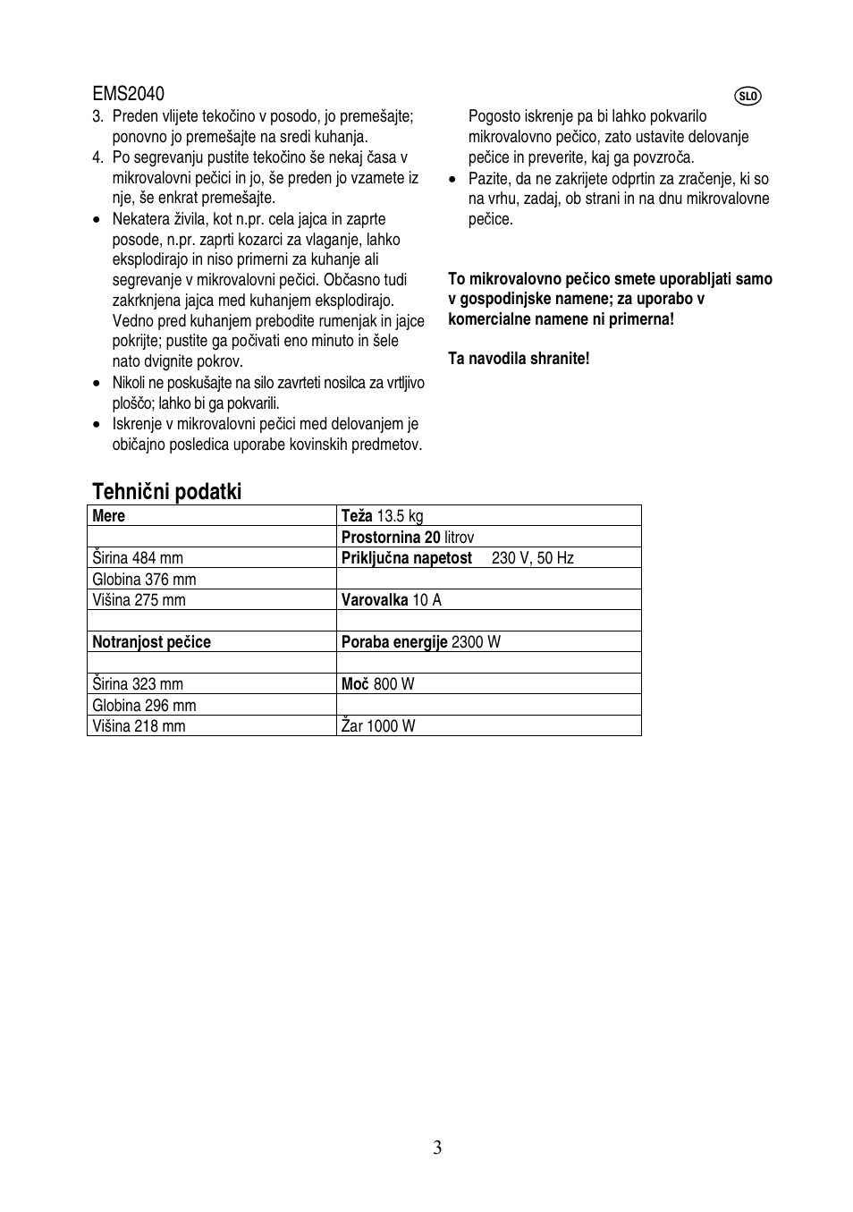 Tehni č ni podatki | Electrolux EMS2040 User Manual | Page 152 / 191