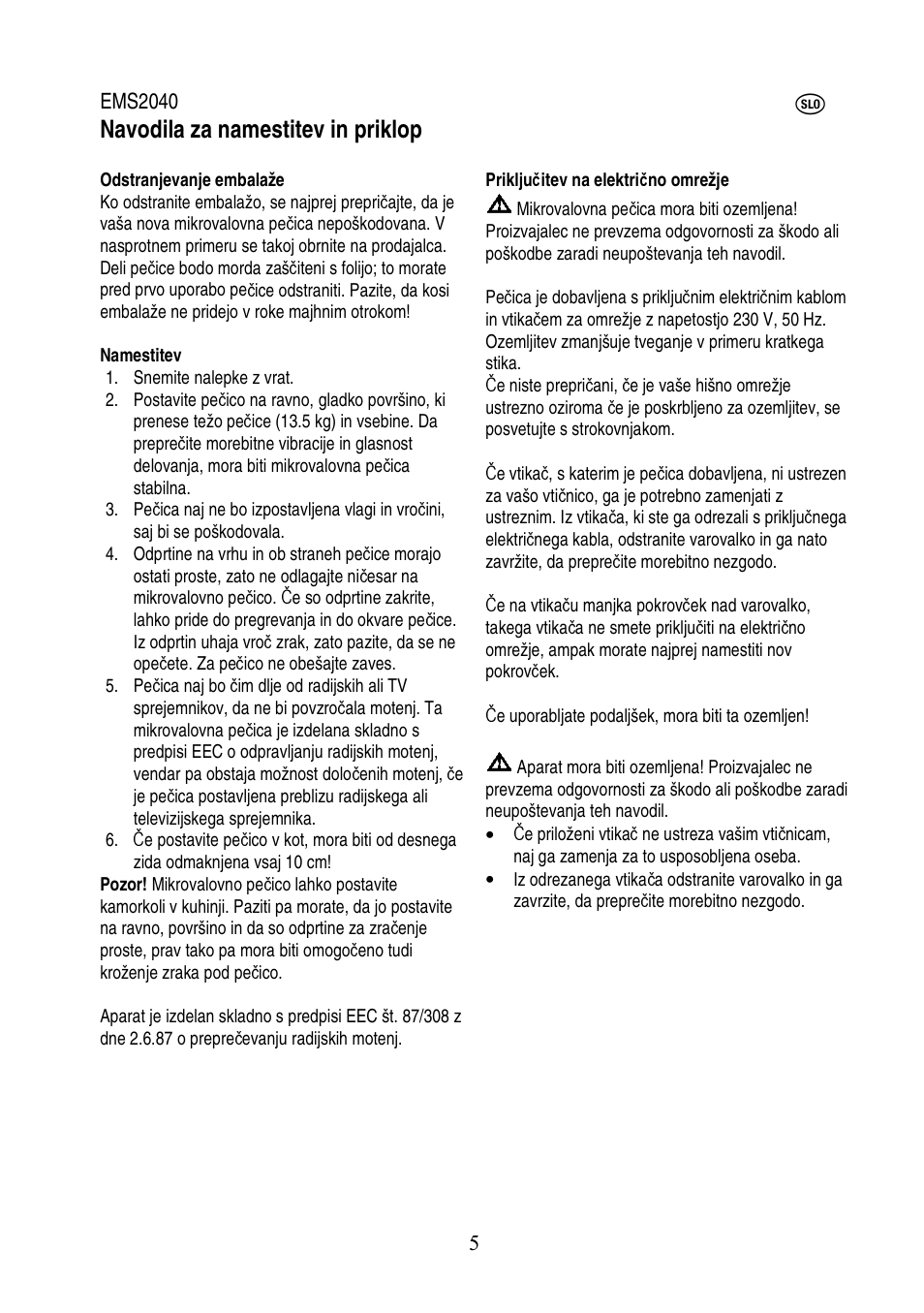 Navodila za namestitev in priklop | Electrolux EMS2040 User Manual | Page 154 / 191