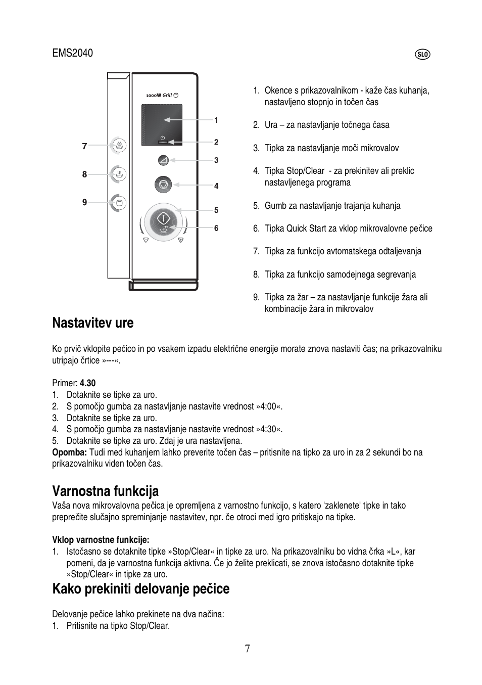 Nastavitev ure, Varnostna funkcija, Kako prekiniti delovanje pe č ice | Electrolux EMS2040 User Manual | Page 156 / 191