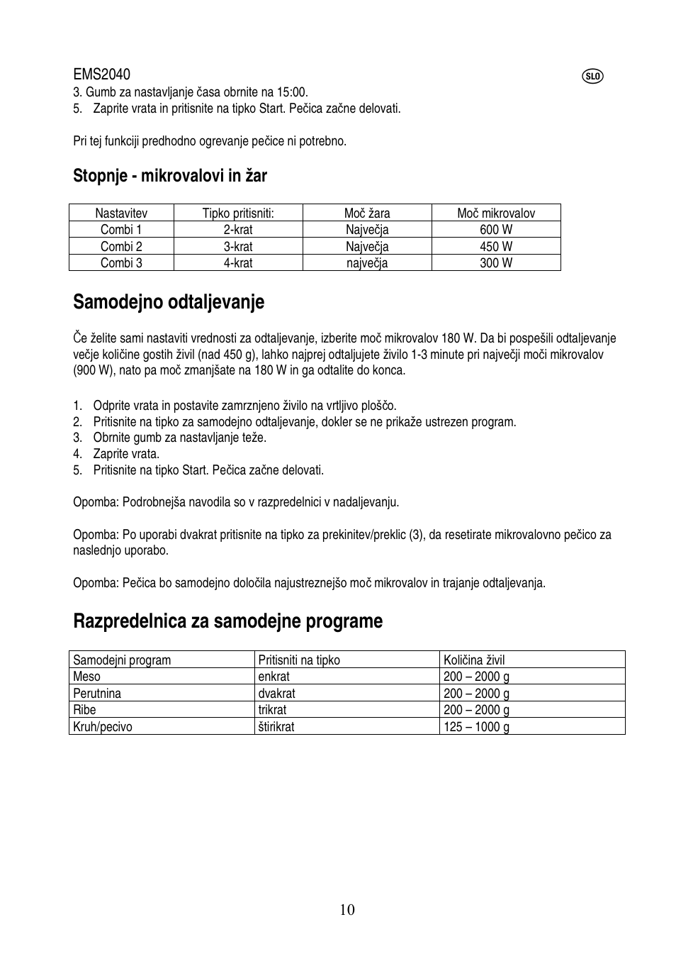Samodejno odtaljevanje, Razpredelnica za samodejne programe, Stopnje - mikrovalovi in žar | Electrolux EMS2040 User Manual | Page 159 / 191