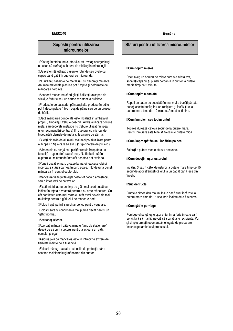 Sugestii pentru utilizarea microundelor, Sfaturi pentru utilizarea microundelor | Electrolux EMS2040 User Manual | Page 185 / 191