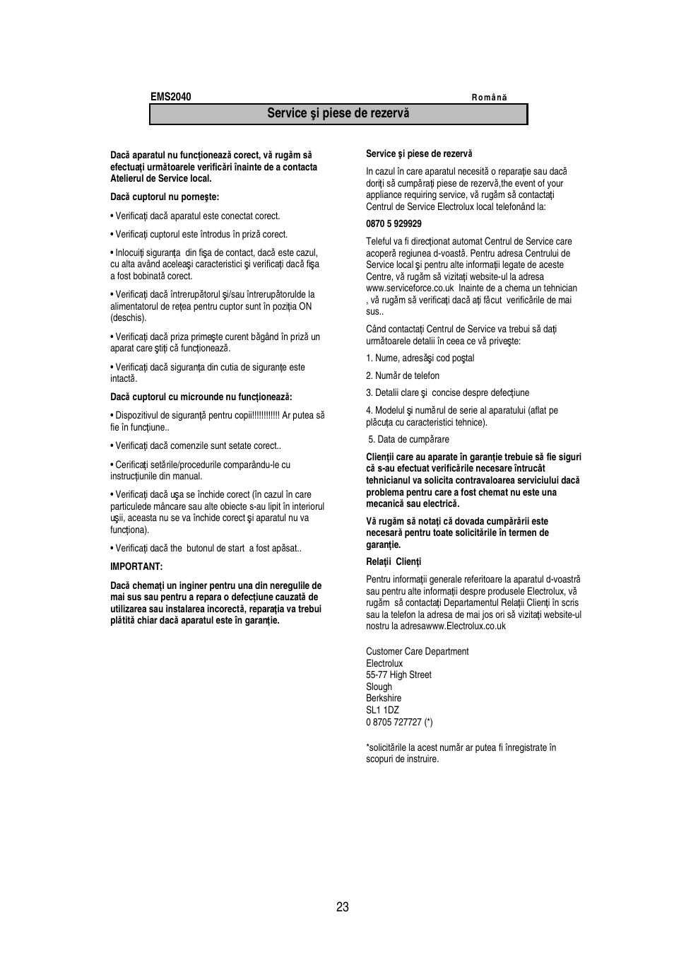 Service ş i piese de rezerv ă | Electrolux EMS2040 User Manual | Page 188 / 191