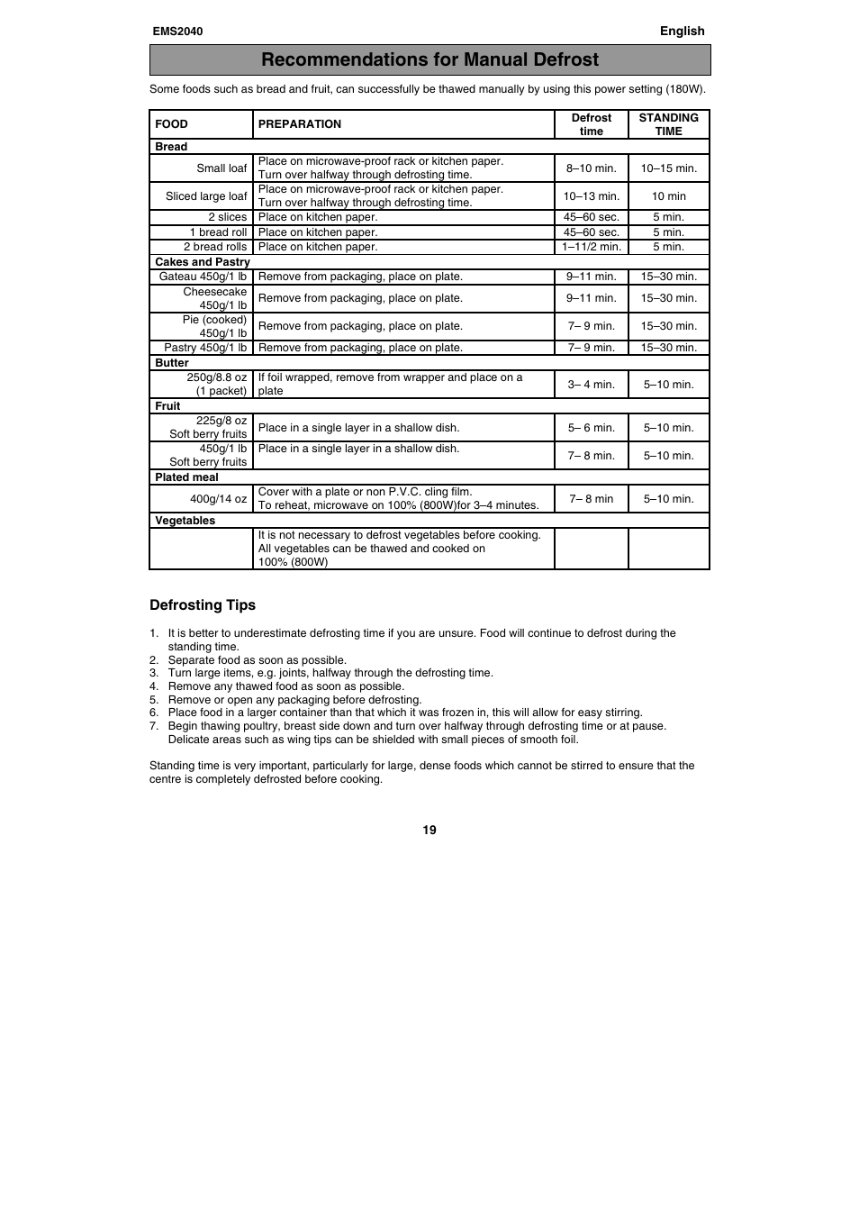 Recommendations for manual defrost, Defrosting tips | Electrolux EMS2040 User Manual | Page 19 / 191