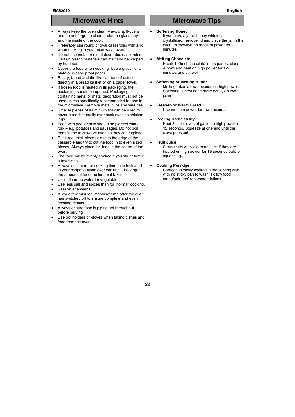 Microwave hints microwave tips | Electrolux EMS2040 User Manual | Page 22 / 191