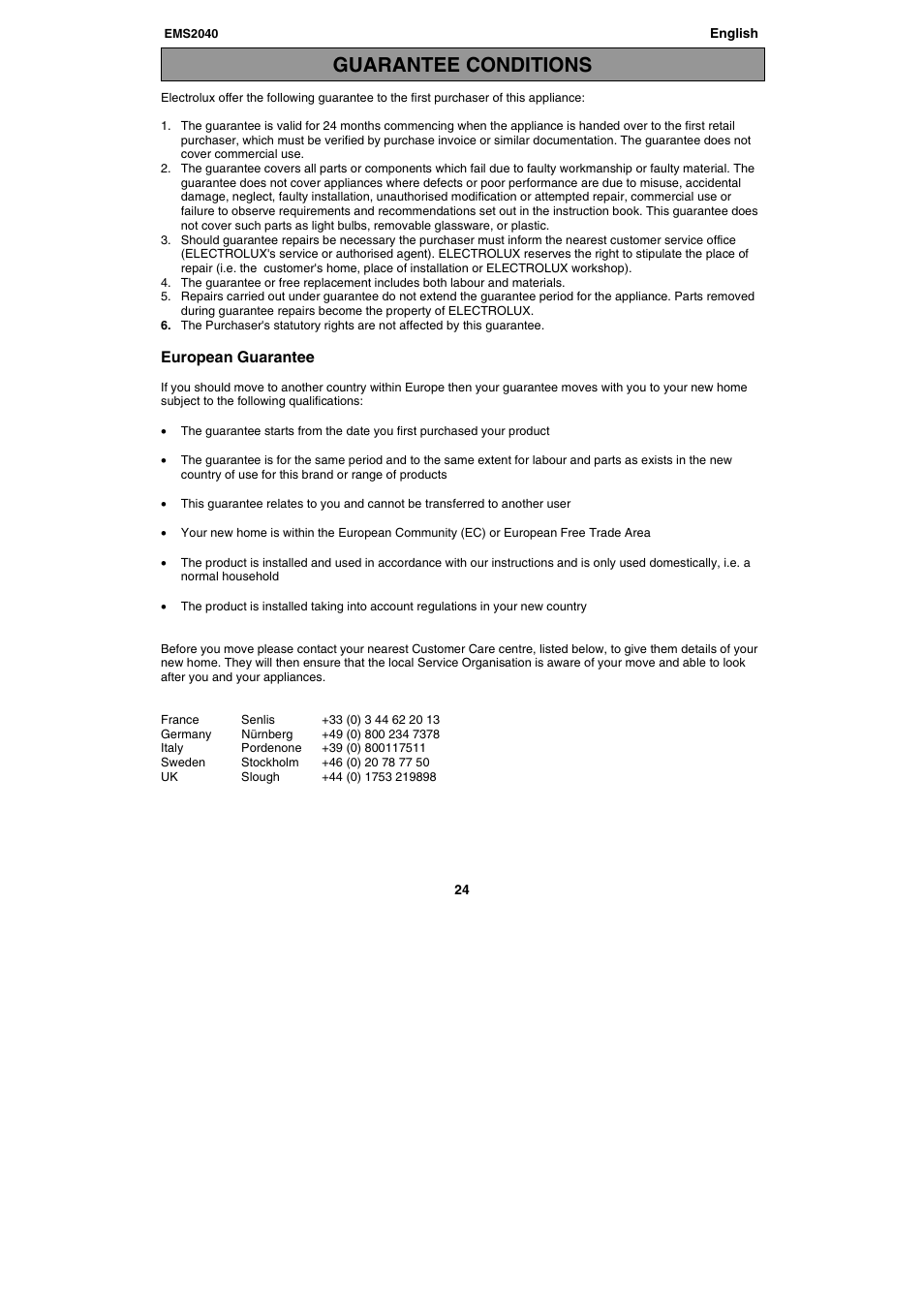 Guarantee conditions | Electrolux EMS2040 User Manual | Page 24 / 191