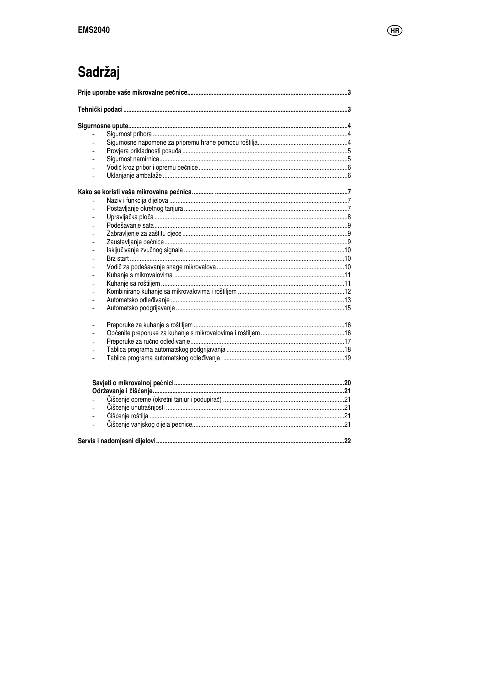 Sadržaj | Electrolux EMS2040 User Manual | Page 46 / 191