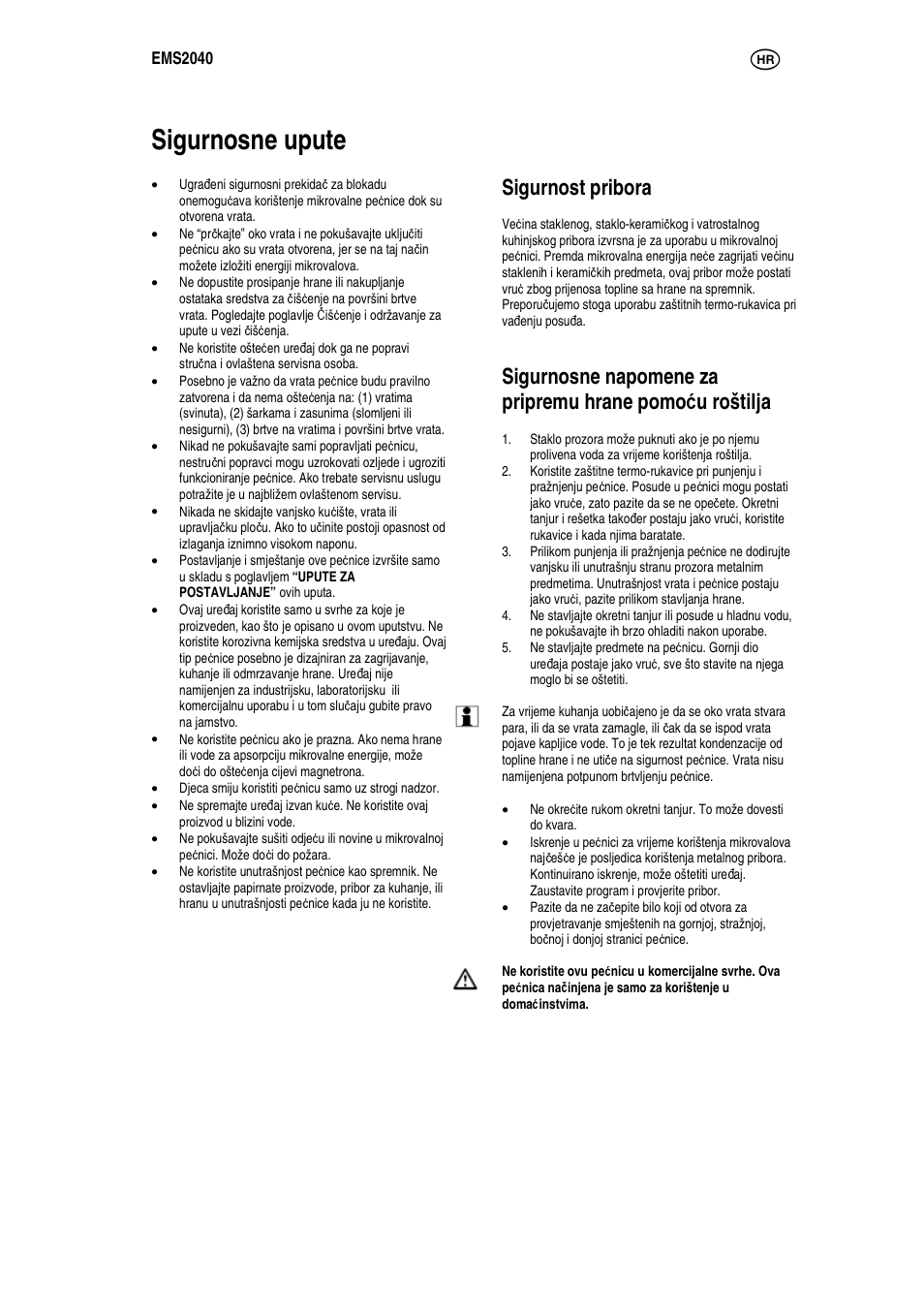 Sigurnosne upute, Sigurnost pribora | Electrolux EMS2040 User Manual | Page 48 / 191