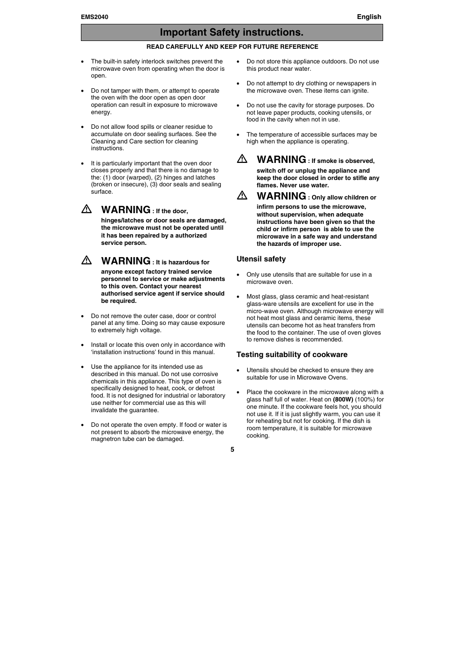 Warning, Important safety instructions | Electrolux EMS2040 User Manual | Page 5 / 191